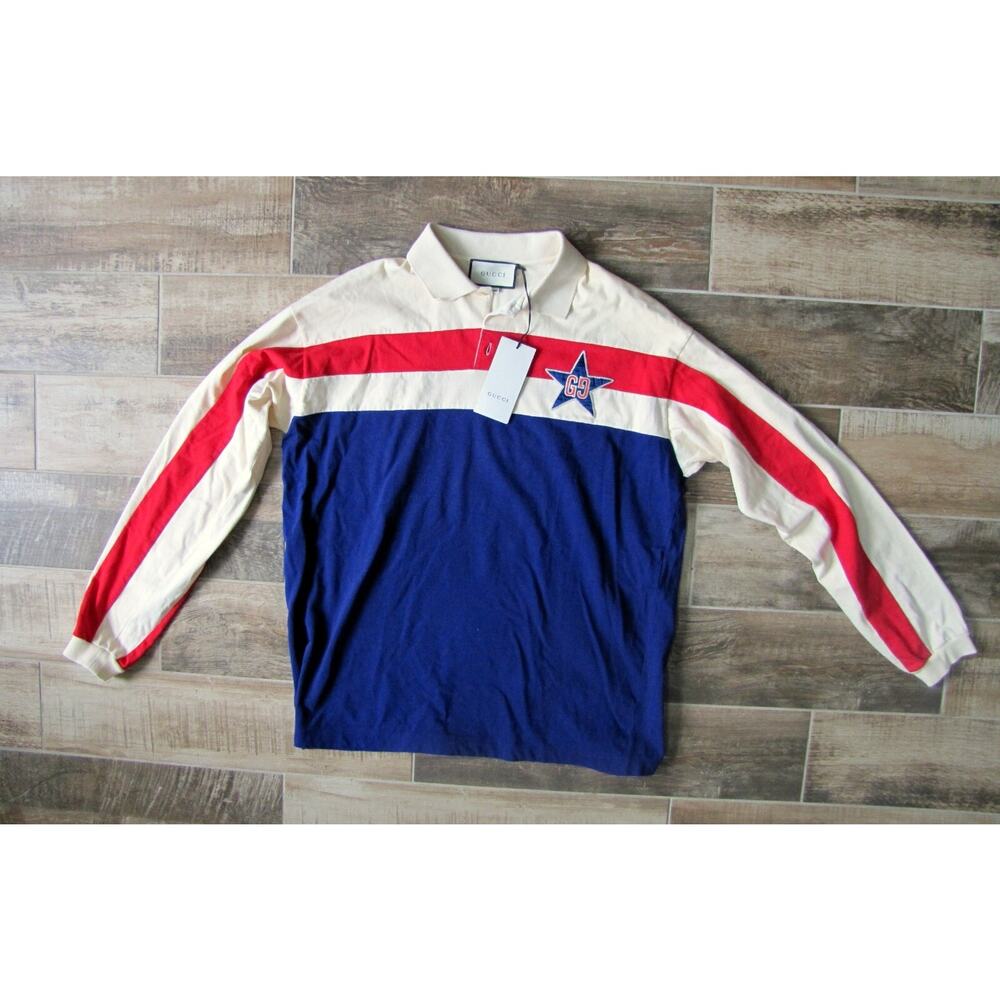 $1,595 NWT Gucci Star GG Printed Cotton Striped Collared Sweatshirt Size XL